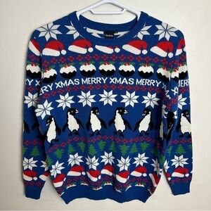 Jake Austin Fair Isle Ugly Christmas Sweater Penguins Men's size Large Blue Red